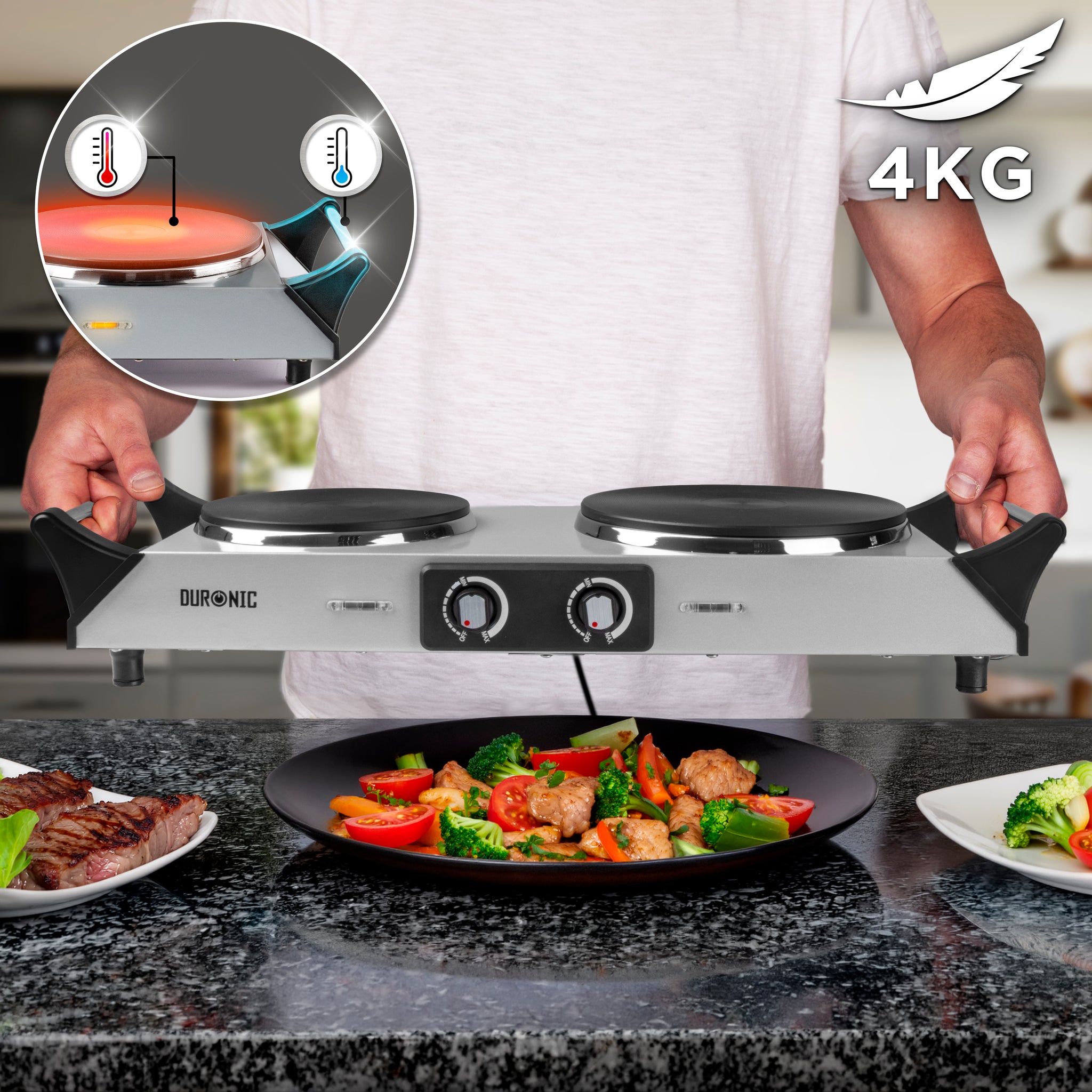 Duronic Electric Hot Plate HP2 SR, 2500W Double Burner Hob, Portable Table Top Cooker with Cast Iron Ring & Cool-Touch Handles for Camping, Caravans, Home, Small Kitchens, Silver