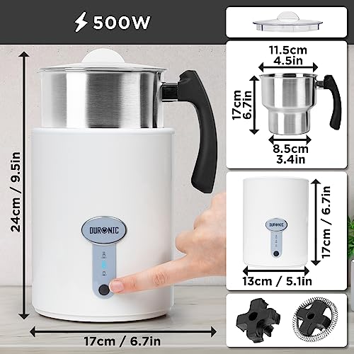 Duronic Milk Frother Electric MF500 WE Coffee Milk Frothers Steamer, Automatic Hot and Cold Foam Maker, Hot Chocolate Machine with Milk Heater and Warmer for Latte Froth, Coffees and Matcha