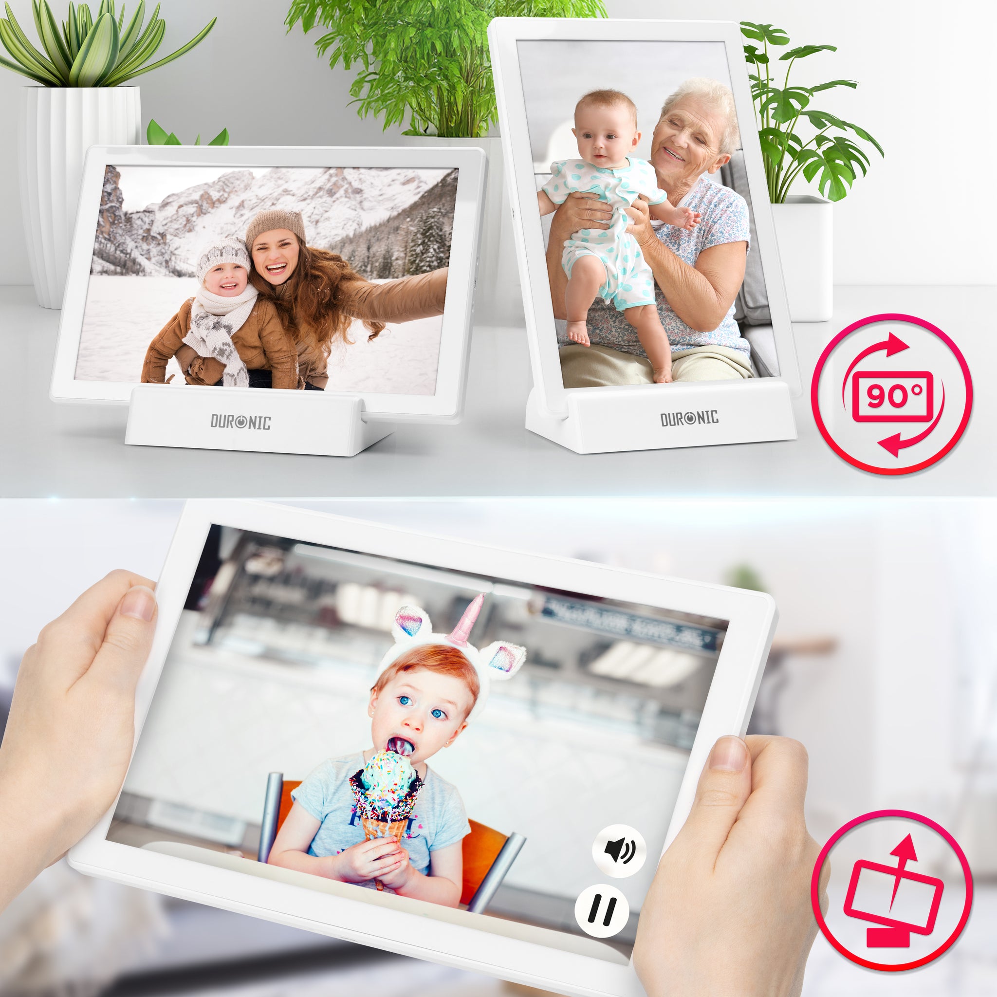 Duronic Digital Photo Frame PF1D WE WiFi Large Digital Picture Frame 10.1” Smart Touchscreen Photoframe with Frameo Electronic Picture Frames Share Display Photos For Gifts Family Friends White