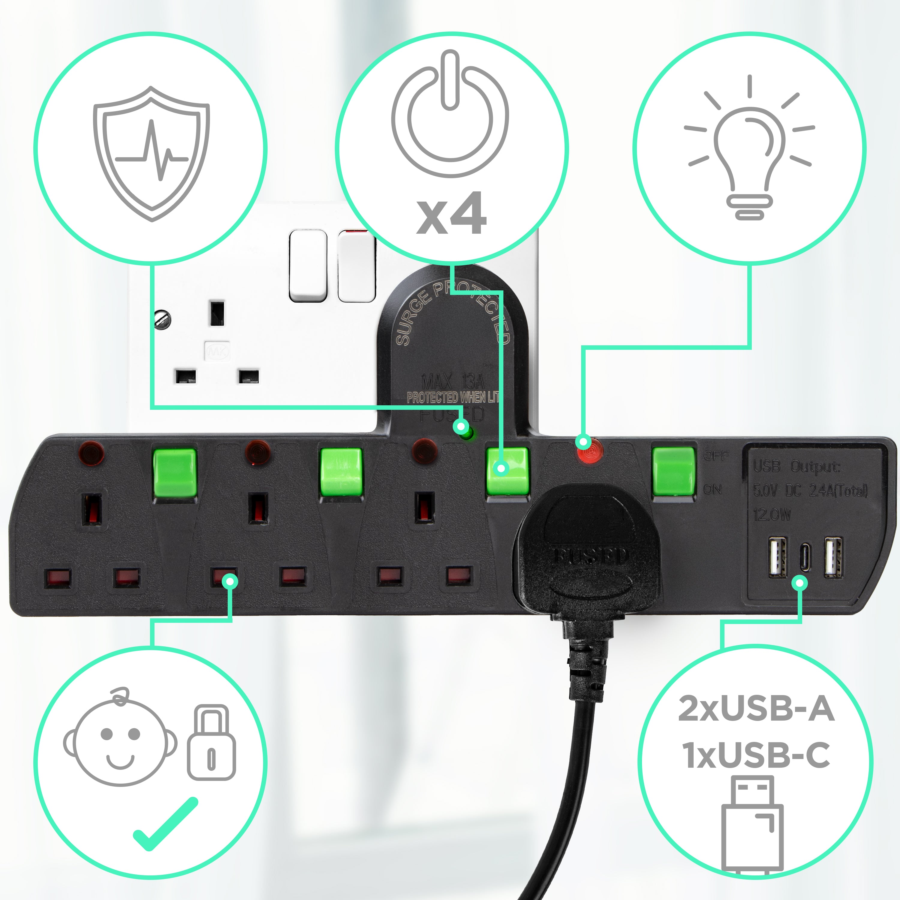 Duronic Plug Adapter with USB S125B 4 Way Multi Plug Adapter for UK Plugs Surge Protected 3kW Power Extension Adapter with 2.4A USB Ports & 1 USB-c Port Black Multi Socket with Switches