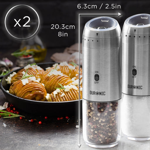 Duronic EMU3 Electric Salt and Pepper Grinder Set 25W Two Automatic Gravity Salt Shakers Rechargeable Pepper Mills One Handed Spice Grinder with LED Light, Adjustable Coarseness