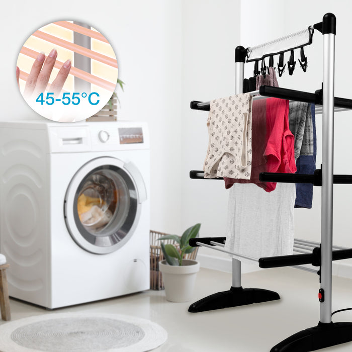 Duronic CA20 BK Electric Clothes Airer 3 Tier Heated Indoor Laundry Drying Rack with Washing Pegs 202W Foldable Sock Hanger Lightweight Garment Dryer Stand for Hats Gloves Small Spaces Home