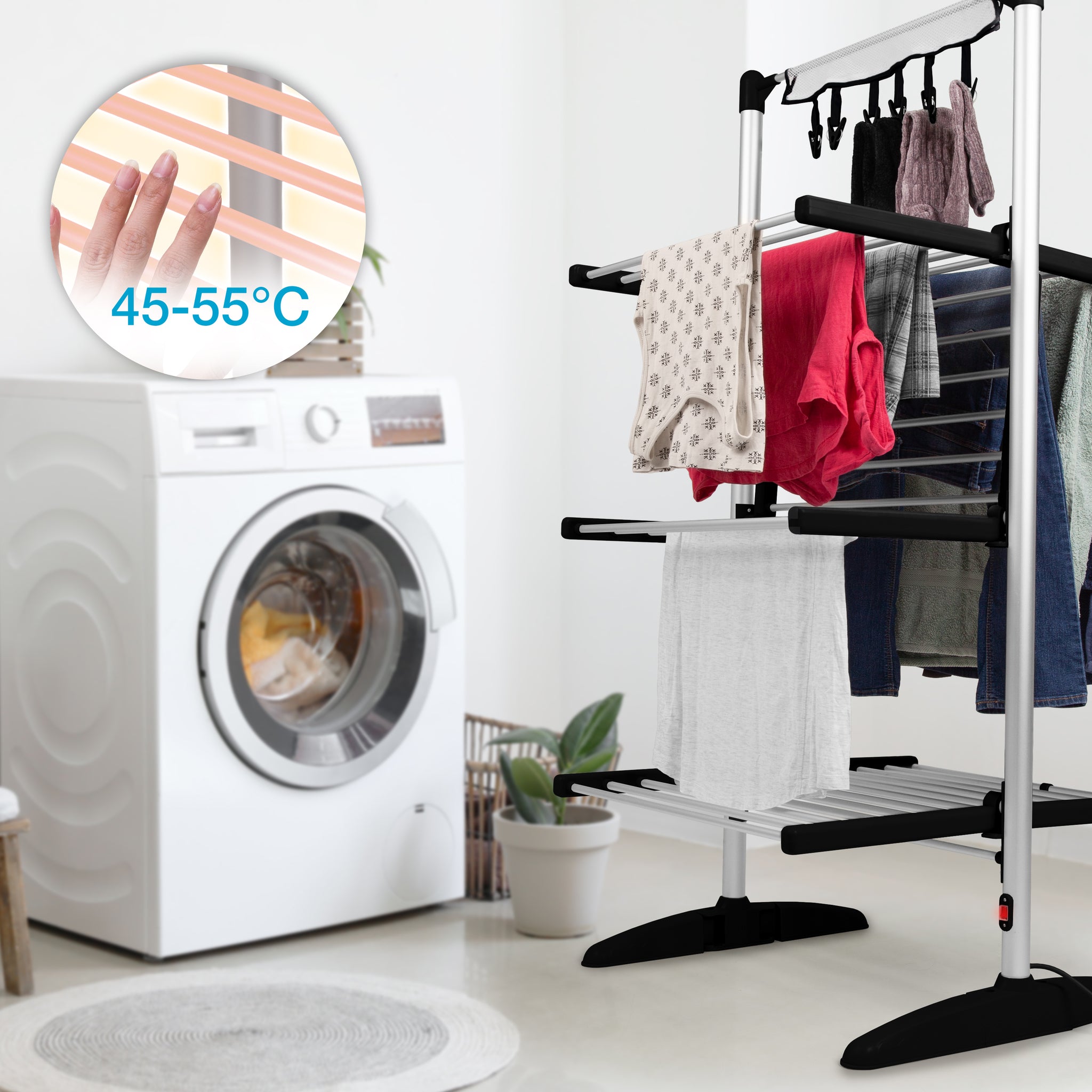 Duronic CA30 BK Electric Clothes Airer 3 Tier Heated Indoor Laundry Drying Rack with Washing Pegs 300W Foldable Sock Hanger Lightweight Garment Dryer Stand for Hats Gloves Small Spaces Home