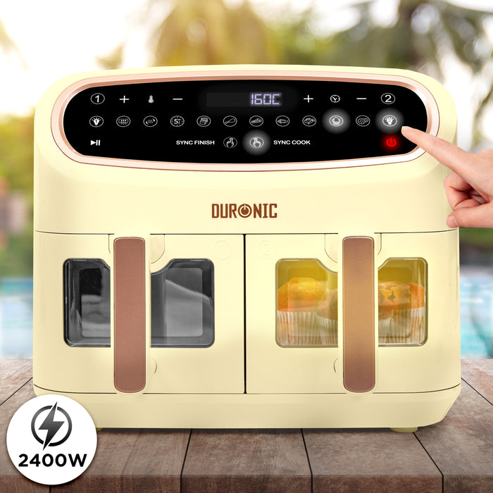 (LIMITED EDITION) Duronic AF34 SG XXL Triple Drawer Air Fryer, 10L Digital Family Size Air Fryers 10in1 Dual Zone Extra Large Oil Free Cooker for Family Cooking with Dishwasher Safe Non-Stick Baskets Sandstone & Gold