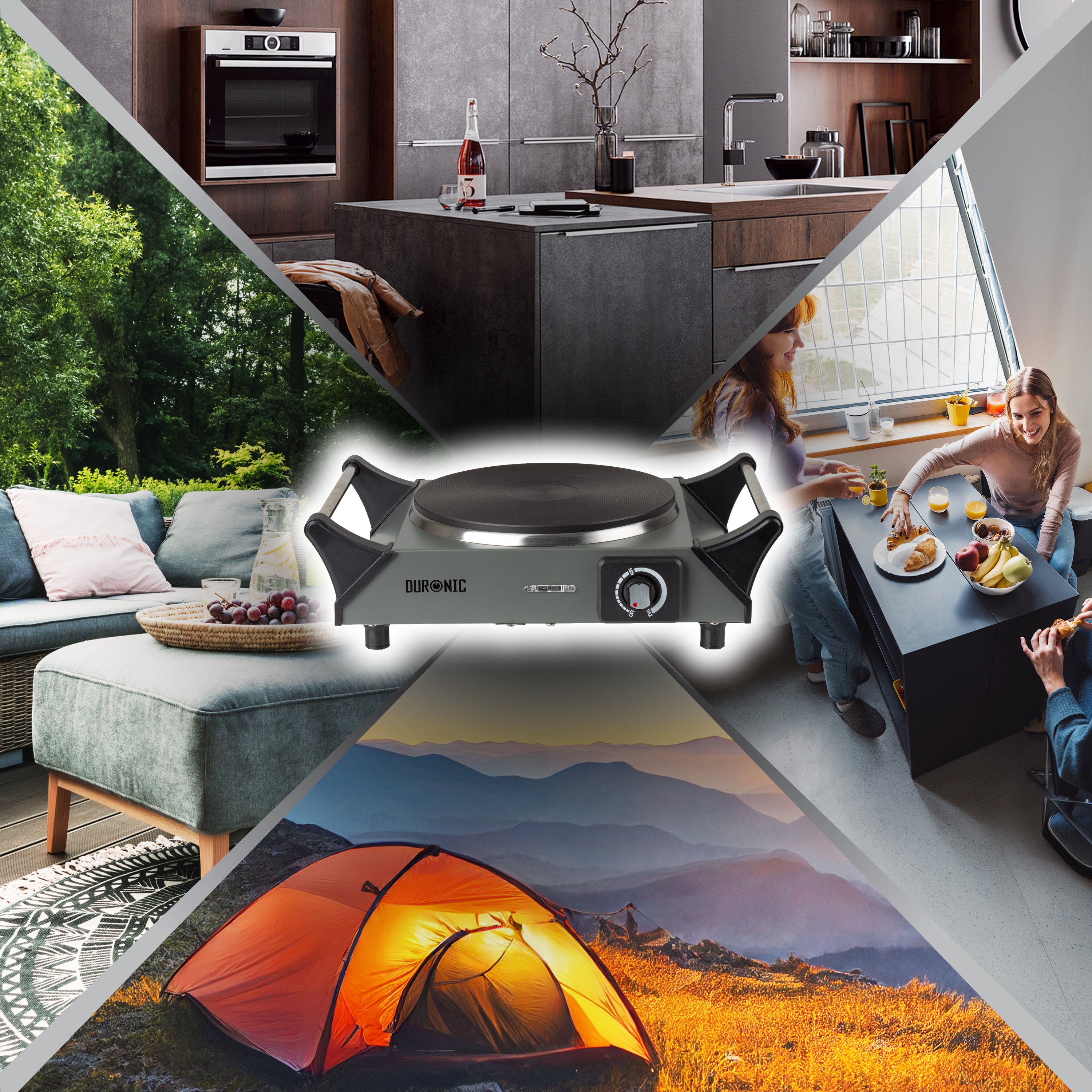 Duronic Electric Hot Plate HP1 GG, 1500W Single Burner Hob, Portable Table Top Cooker with Cast Iron Ring & Cool-Touch Handles for Camping, Caravans, Home, Small Kitchens, Grey Green