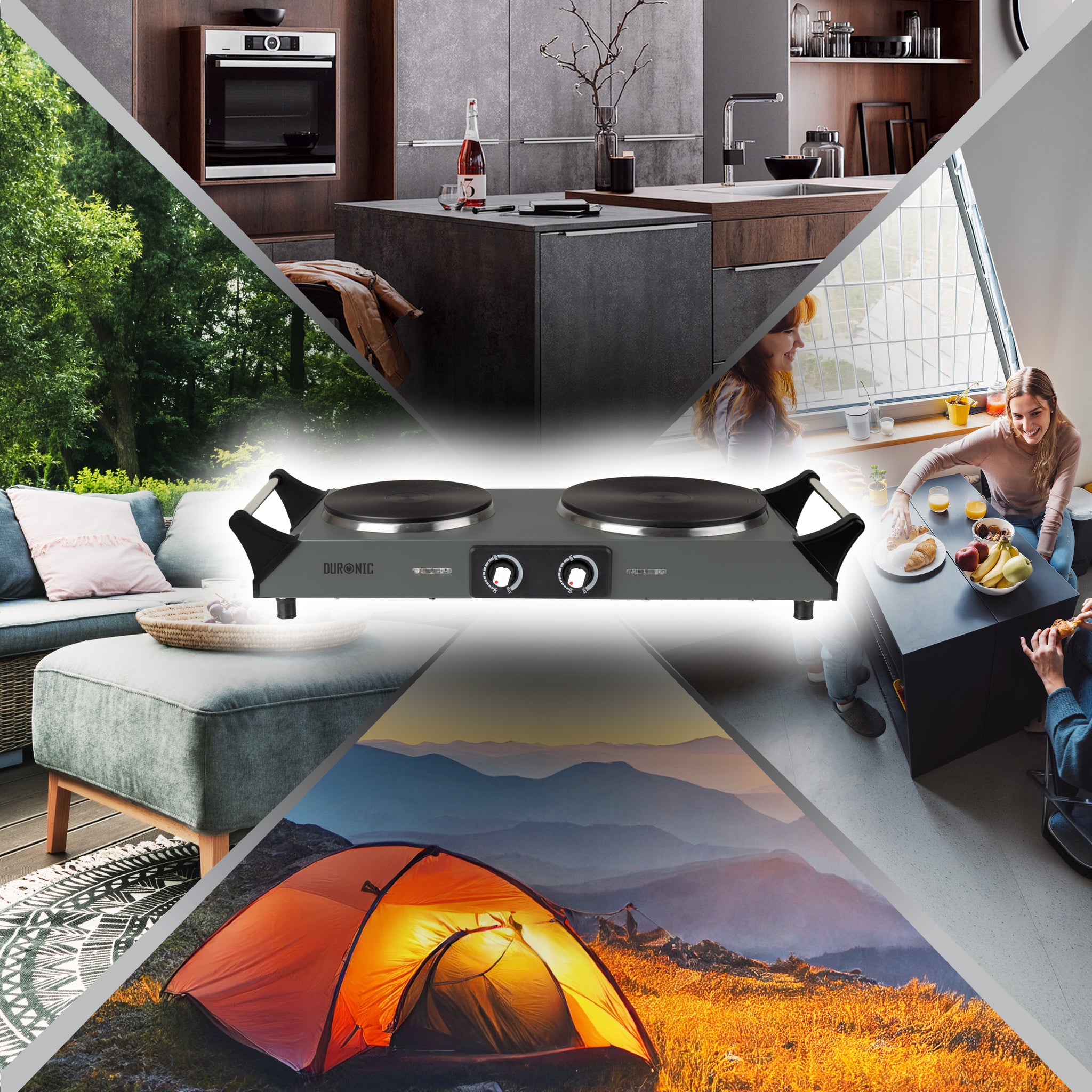 Duronic Electric Hot Plate HP2 GG, 2500W Double Burner Hob, Portable Table Top Cooker with Cast Iron Ring & Cool-Touch Handles for Camping, Caravans, Home, Small Kitchens, Grey Green