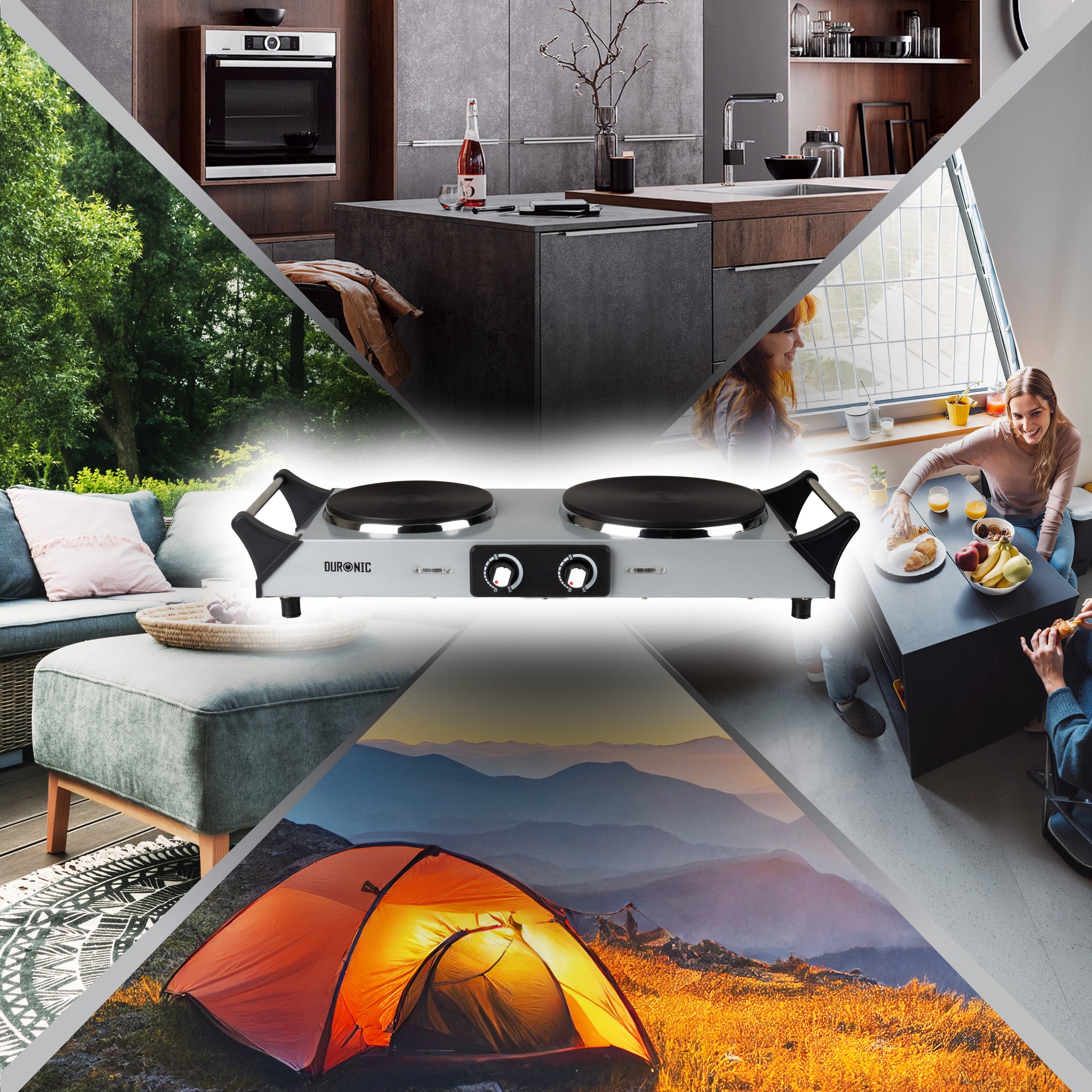 Duronic Electric Hot Plate HP2 SR, 2500W Double Burner Hob, Portable Table Top Cooker with Cast Iron Ring & Cool-Touch Handles for Camping, Caravans, Home, Small Kitchens, Silver