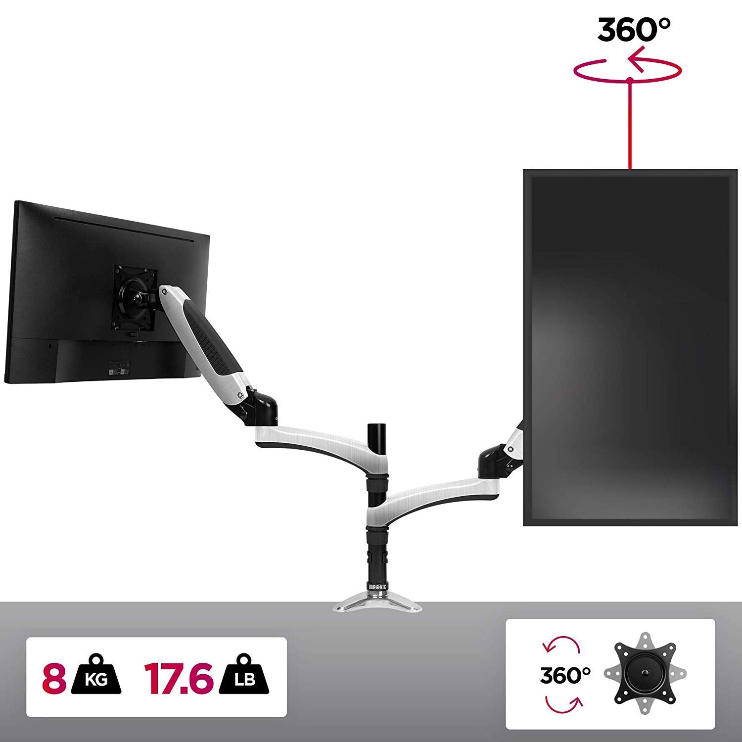 Duronic Monitor Arm Stand DM651X2 | Single Gas-Powered PC Desk Mount | BLACK | Height Adjustable | For One 15-27 LED LCD Screen | VESA 75/100 | 8kg Capacity | Tilt -90°/+85°,Swivel 180°,Rotate 360°