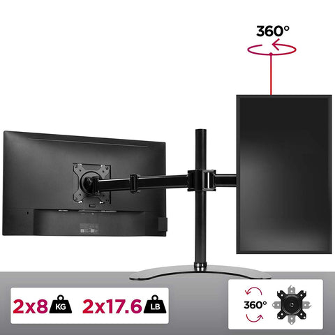 Duronic Dual Monitor Arm Stand Desk Mount holding two screens with 360-degree rotation and weight capacity info."