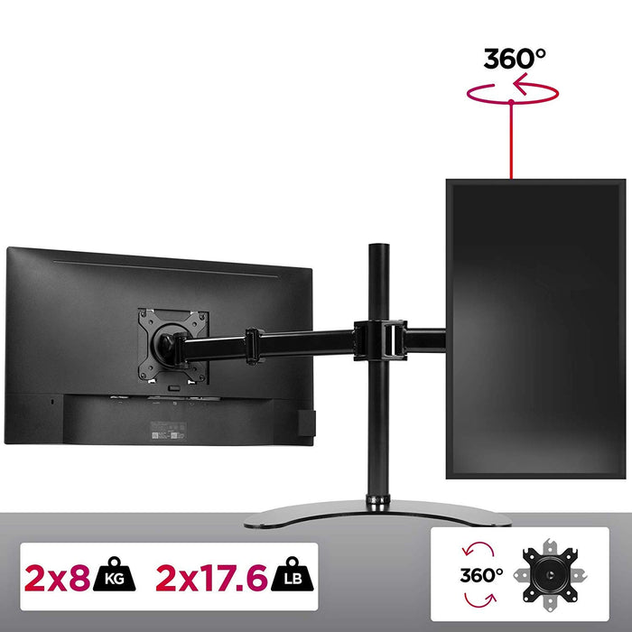 Duronic Dual Monitor Arm Stand Desk Mount holding two screens with 360-degree rotation and weight capacity info."