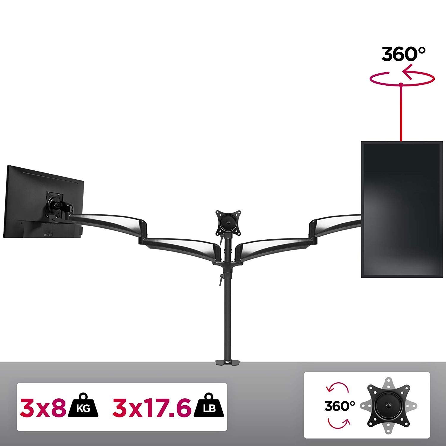 Duronic Monitor Arm Stand DM453 Triple PC Desk Mount Solid Steel Height Adjustable For Three 15-27 LED LCD Screens VESA 75/100 - 10kg Per Screen  Tilt -90°/-45°, Rotate 360°