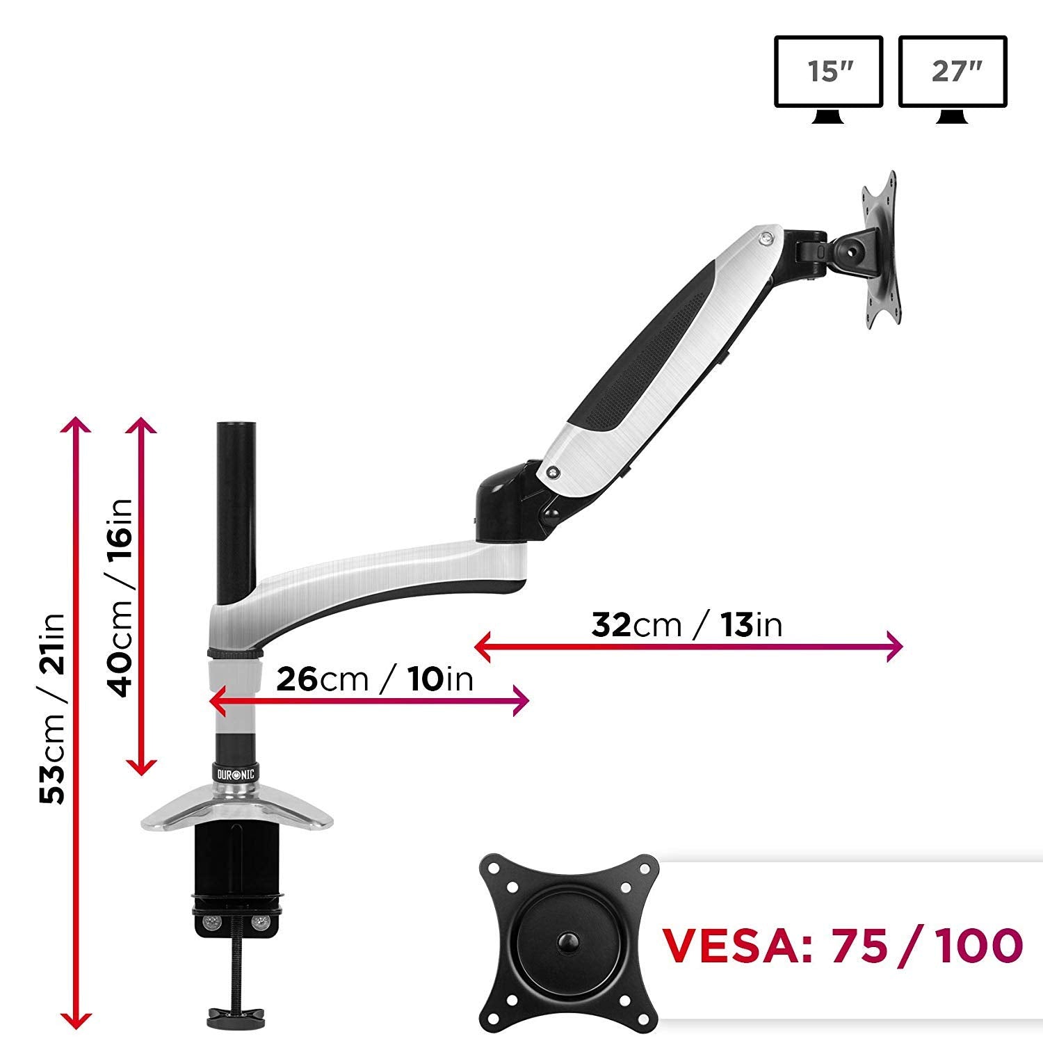 Duronic Monitor Arm Stand DM651X2 | Single Gas-Powered PC Desk Mount | BLACK | Height Adjustable | For One 15-27 LED LCD Screen | VESA 75/100 | 8kg Capacity | Tilt -90°/+85°,Swivel 180°,Rotate 360°