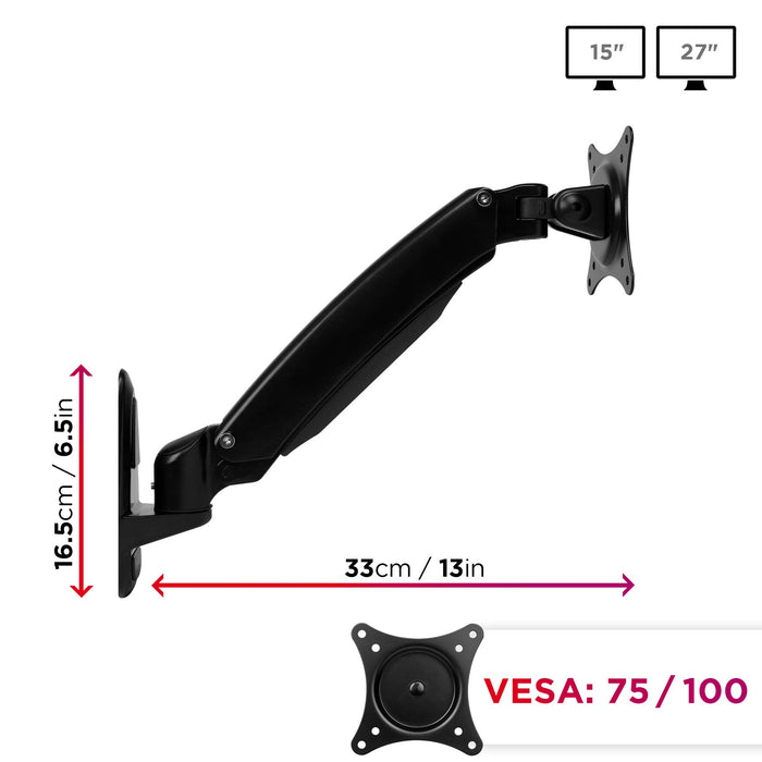 Duronic Monitor Arm Wall Mount DM55W1X1 | Bracket for Single PC Computer Screen | Aluminium | For One 15”-27” LED LCD TV Television | VESA 75/100 Fixing | Tilt +85°/-90°, Swivel 180°, Rotate 360°