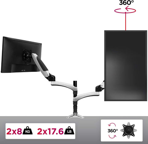 Duronic Monitor Arm Stand DM652 | Dual Gas-Powered PC Desk Mount | BLACK | Height Adjustable | For Two 15-27 LED LCD Screens | VESA 75/100 | 8kg Capacity | Tilt -90°/+85°,Swivel 180°,Rotate 360°