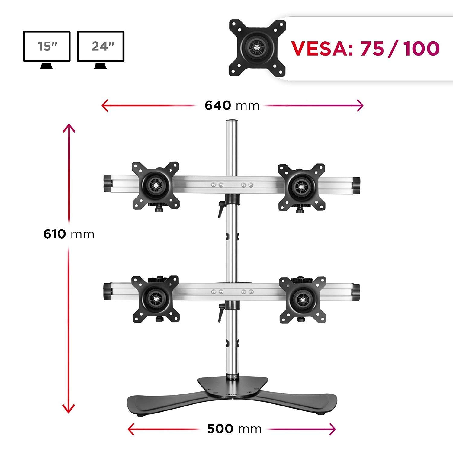 Duronic Computer Monitor Arms Stand DM754 Quadruple Freestanding PC Multi Arms Desk Mount Stands for VESA 75/100 Four 15-24 Inch LED LCD Screens 8kg Capacity Mounts, Tilt -15/+15, Rotate 360 - Black