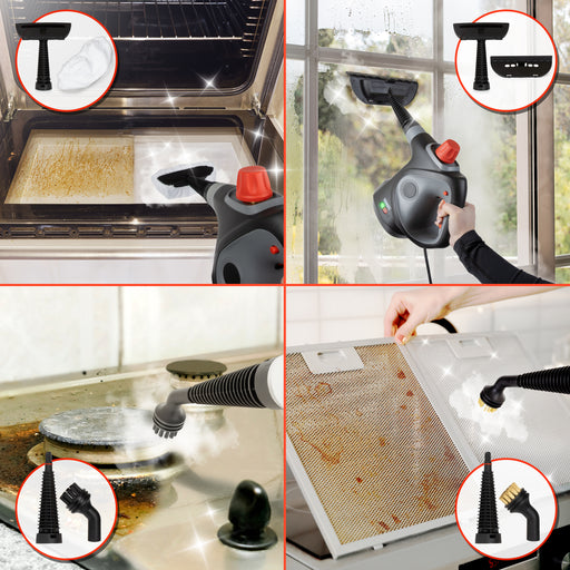 Duronic SC32 BK Handheld Steam Cleaner with 12 Accessories, 1050W High Pressure Upholstery Cleaners, Portable Steamer Stain Remover for Kitchen Oven Grill Bathroom Car Window Tile Grout Cleaner Black