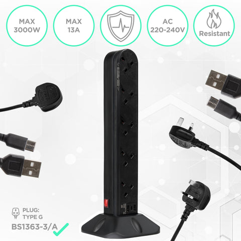 Duronic Tower Extension Lead ST10B 10 Gang Surge Protected Extension leads with USB & USB-C Slot Black 10 Way Electric Power Strip with Spike Protection Multi UK Plug Outlet Socket with 2m Cable