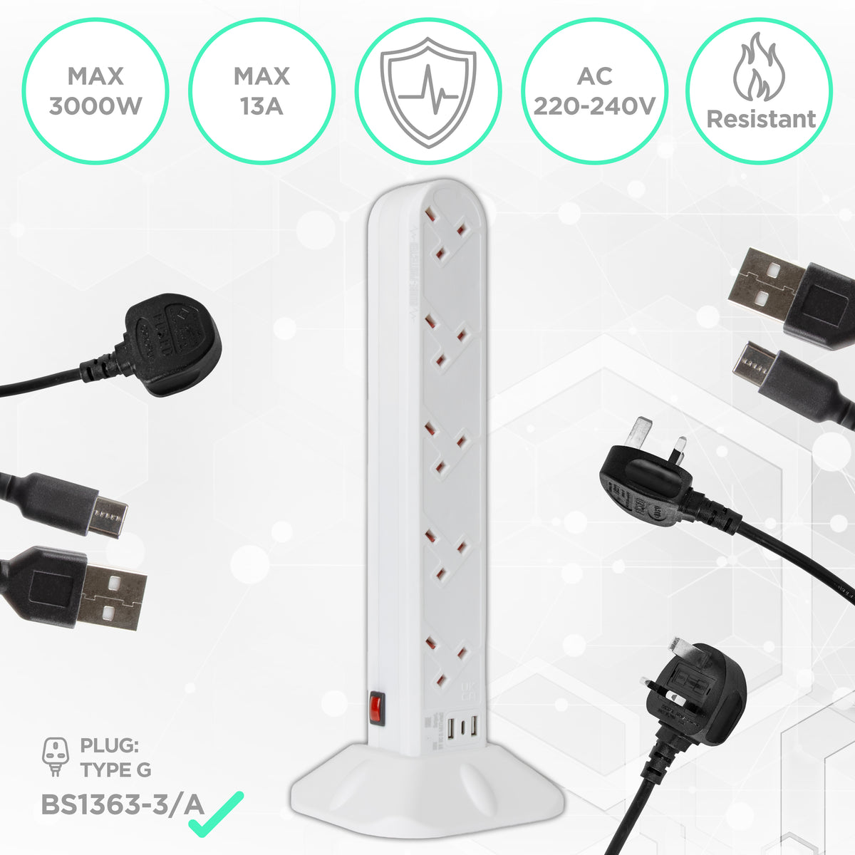 Duronic Tower Extension Lead ST10W 10 Gang Surge Protected Extension leads with USB & USB-C Slot White 10 Way Electric Power Strip with Spike Protection Multi UK Plug Outlet Socket with 2m Cable