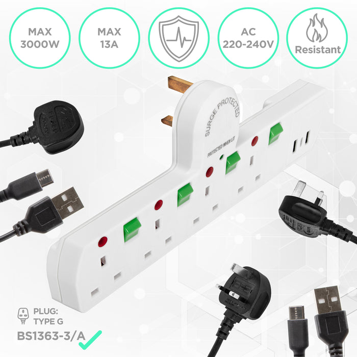 Duronic Plug Adapter with USB S125W 4 Way Multi Plug Adapter for UK Plugs Surge Protected 3kW Power Extension Adaptor with 2.4A USB Ports & 1 USB-c Port White Multi Socket with Switches