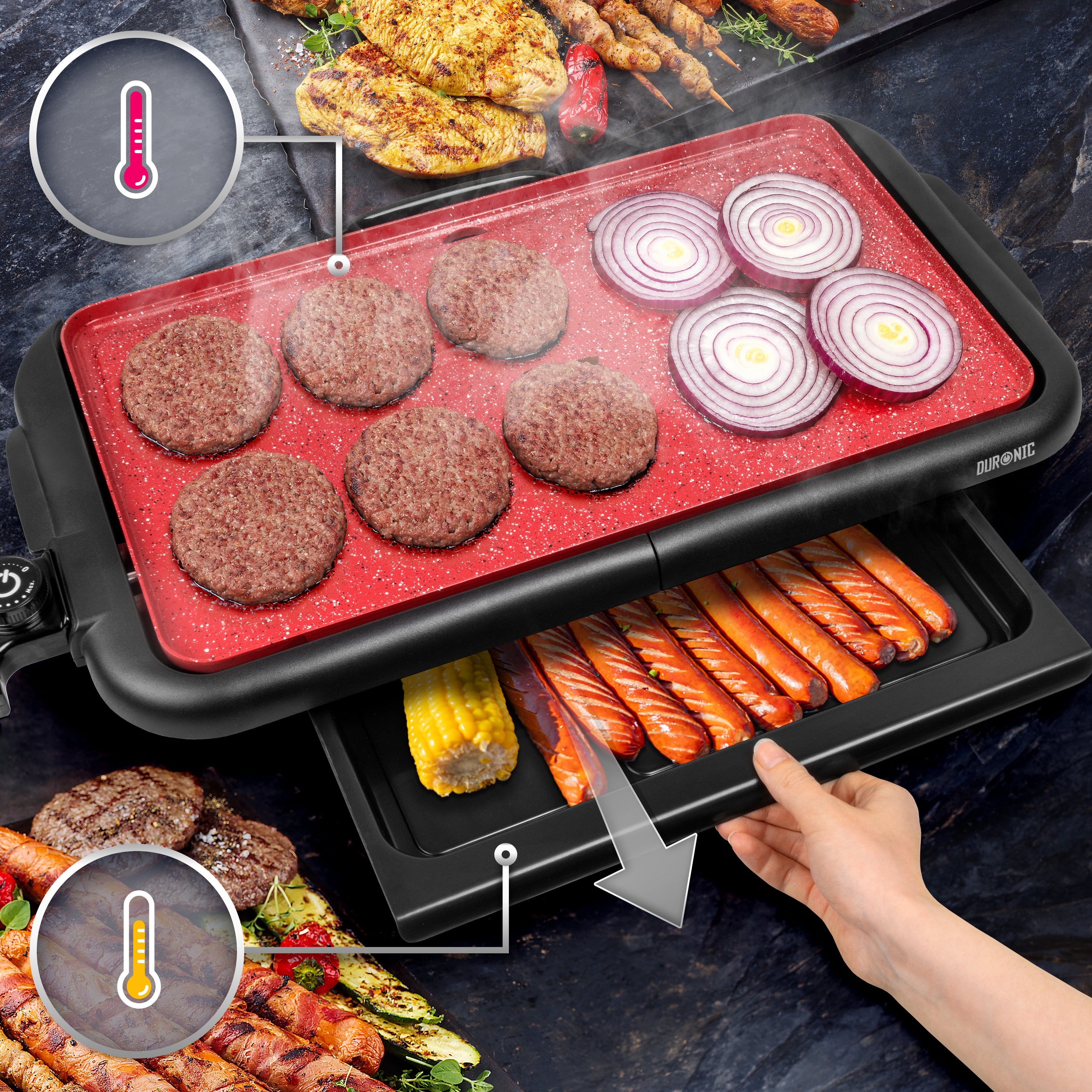 Duronic GP25 Teppanyaki Grill, 2000W Electric Hot Plate with Warming Tray, Non-Stick Surface, Removable Drip Tray, Adjustable Temperature, Ideal for Family Meals, Dinner Parties, BBQ Meat, Fish & Veg