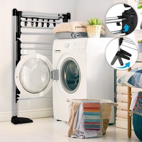 Duronic CA20 BK Electric Clothes Airer 3 Tier Heated Indoor Laundry Drying Rack with Washing Pegs 202W Foldable Sock Hanger Lightweight Garment Dryer Stand for Hats Gloves Small Spaces Home