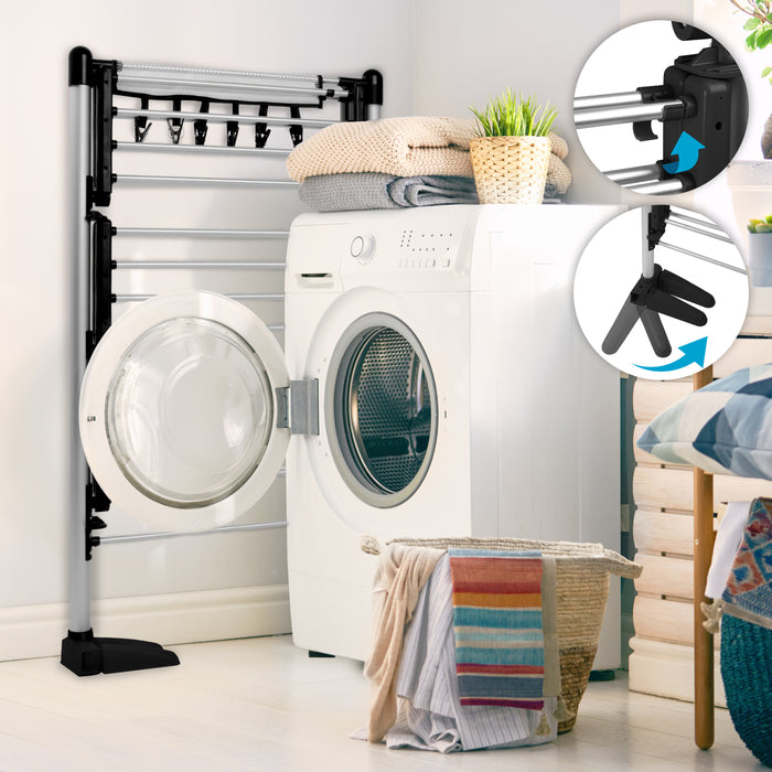 Duronic CA20 BK Electric Clothes Airer 3 Tier Heated Indoor Laundry Drying Rack with Washing Pegs 202W Foldable Sock Hanger Lightweight Garment Dryer Stand for Hats Gloves Small Spaces Home