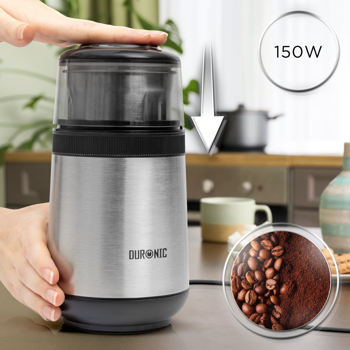 (INCLUDES 2 CUPS) Duronic CG355 Electric Coffee Grinder, 220ml Spice Mill, Stainless Steel, Fast One-Touch Grinding with Separate Dry and Wet cups for Coffee, Spices, Nuts, Seeds, Pastes and Sauces, 150W