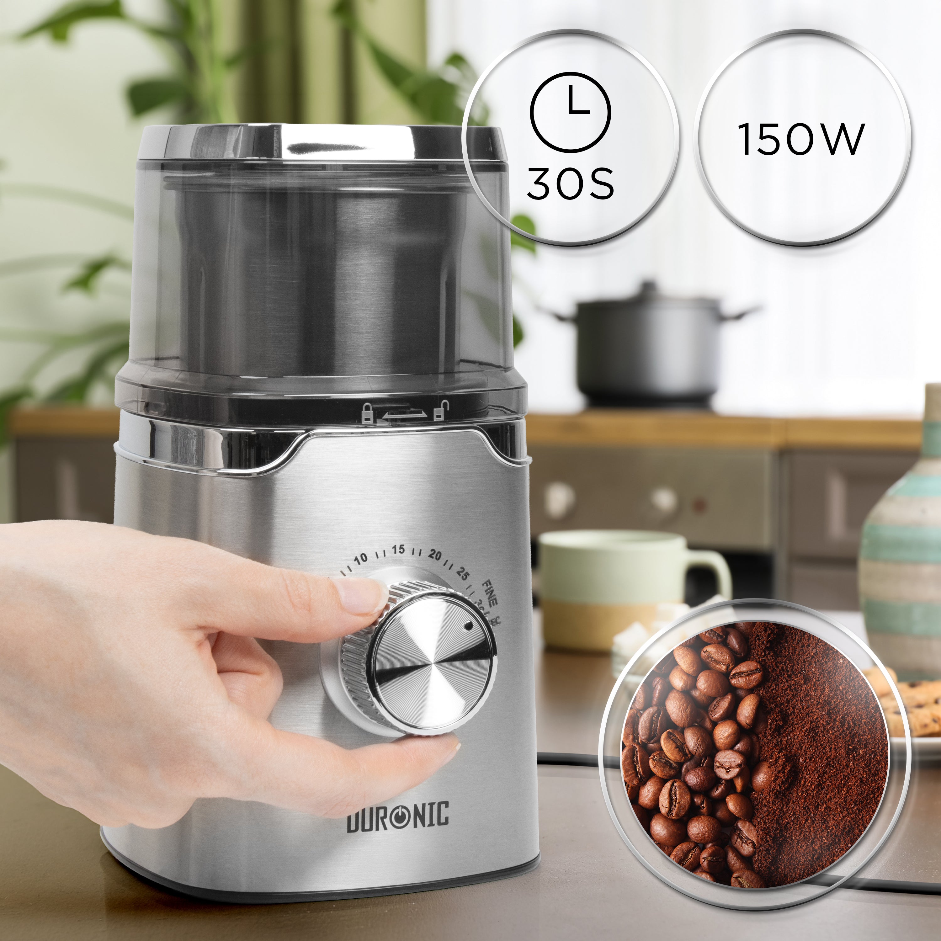 Duronic CG650 Electric Coffee Grinder, 220ml Spice Grinding Cup, Silver, Compact Coffee Grinder & Spice Mill, Adjustable Coarseness Knob, Push-to-Grind Pulse, Silicone Seal Lid, 150W