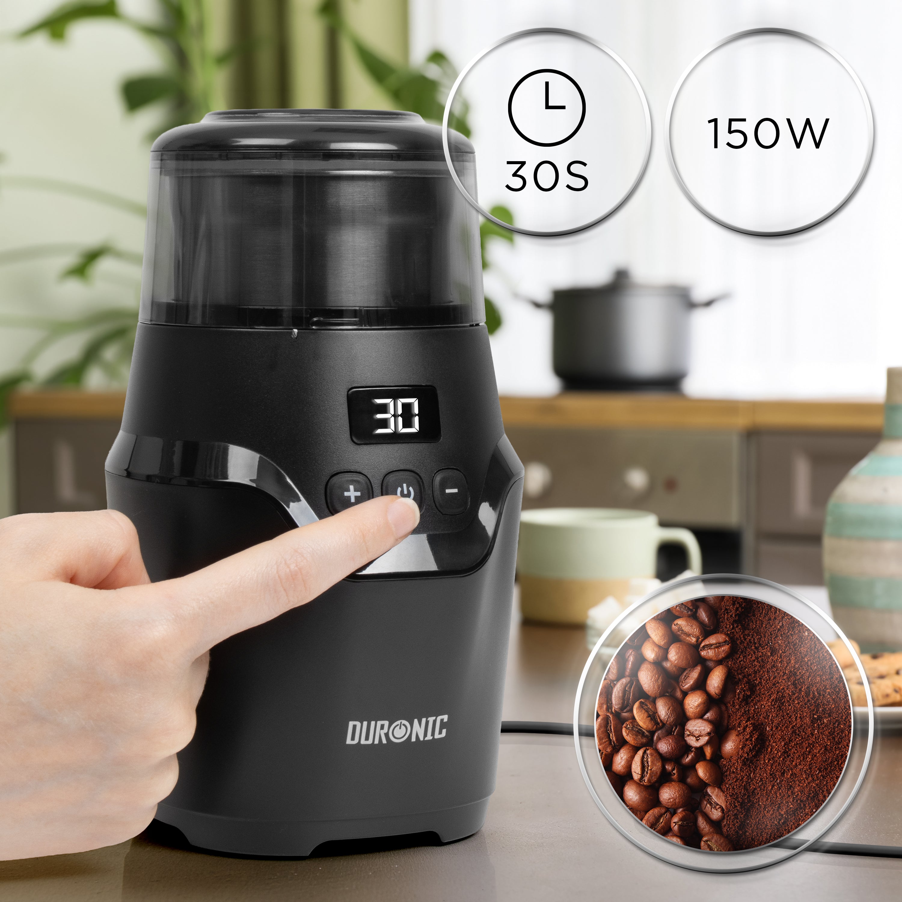 Duronic CG550 Electric Coffee & Spice Grinder, 220ml Cup, Adjustable Timer, Fast Blade Grinder Push-button control, Ideal for Coffee Beans, Dry Spices, Seeds & Nuts with Silicone-Lined Lid, 150W, Black