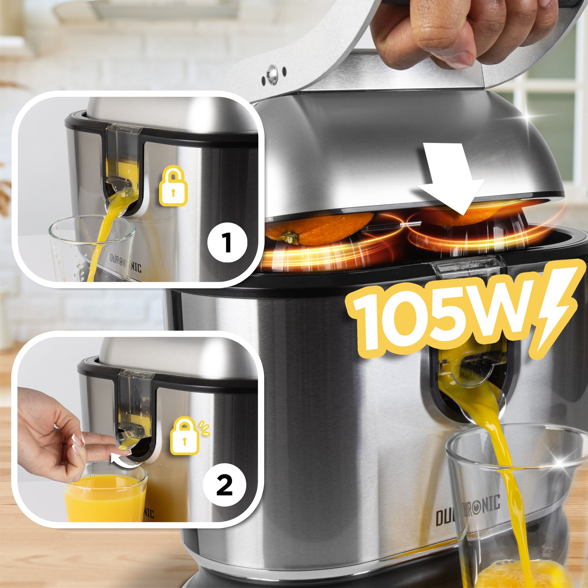 Duronic JE812 Electric Citrus Juicer, 105W Twin Lemon Juice Squeezer, Dual Orange Press Juicer with Large and Small Cones, Large Citrus Press for Extracting Lemon Juice, Limes and Grapefruit