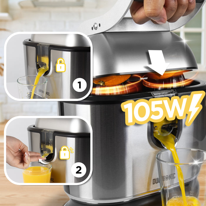 Duronic JE812 Electric Citrus Juicer, 105W Twin Lemon Juice Squeezer, Dual Orange Press Juicer with Large and Small Cones, Large Citrus Press for Extracting Lemon Juice, Limes and Grapefruit