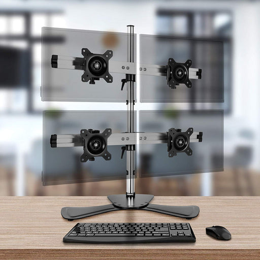 Duronic Computer Monitor Arms Stand DM754 Quadruple Freestanding PC Multi Arms Desk Mount Stands for VESA 75/100 Four 15-24 Inch LED LCD Screens 8kg Capacity Mounts, Tilt -15/+15, Rotate 360 - Black