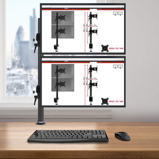 Duronic Monitor Stand Dual DM35V2X2 Double Monitor Arm Desk Mount for Two 13-27” PC Screens, Height Adjustable Vertical Monitor Mounts with VESA 75 100 Monitor Riser Home Office