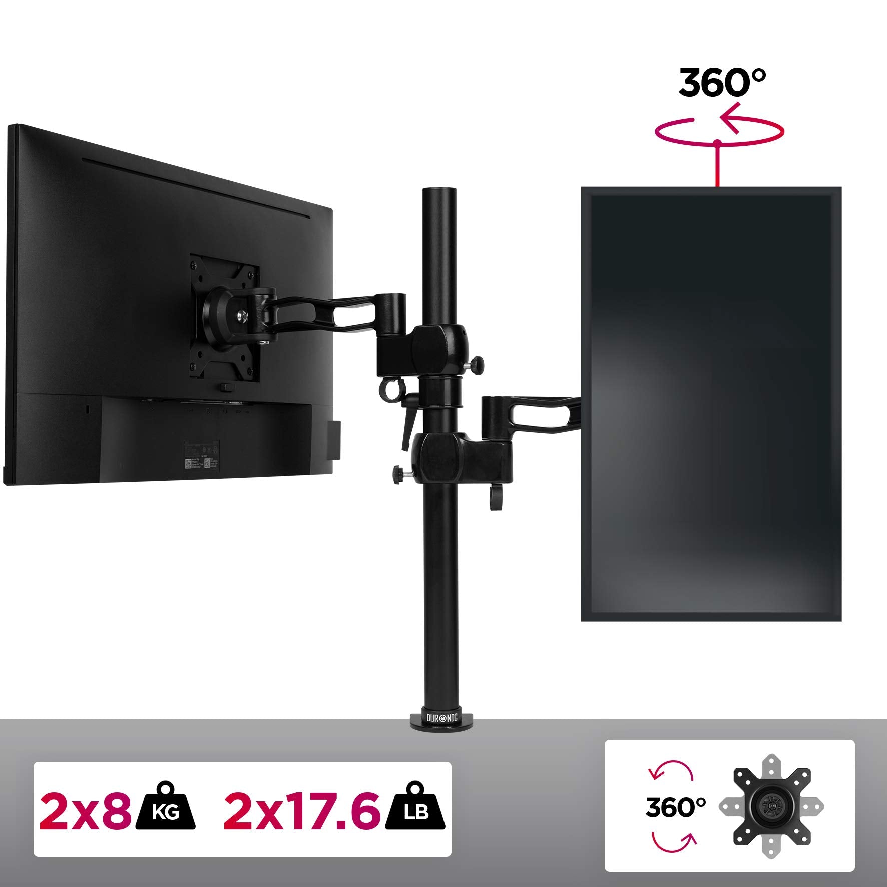 Duronic Monitor Stand Dual DM35V2X2 Double Monitor Arm Desk Mount for Two 13-27” PC Screens, Height Adjustable Vertical Monitor Mounts with VESA 75 100 Monitor Riser Home Office