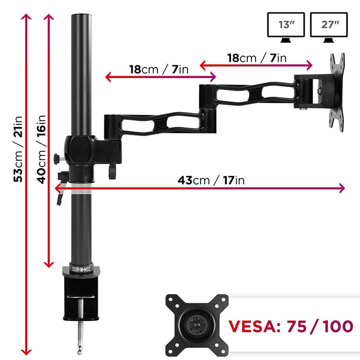 Duronic Monitor Arm Single DM351X3 BK Height Adjustable Monitor Riser Clamp for 13-27” Screens Monitor Stand with VESA 75 100 Desk Monitor Mount with 10kg Capacity for Home Office Work Gaming