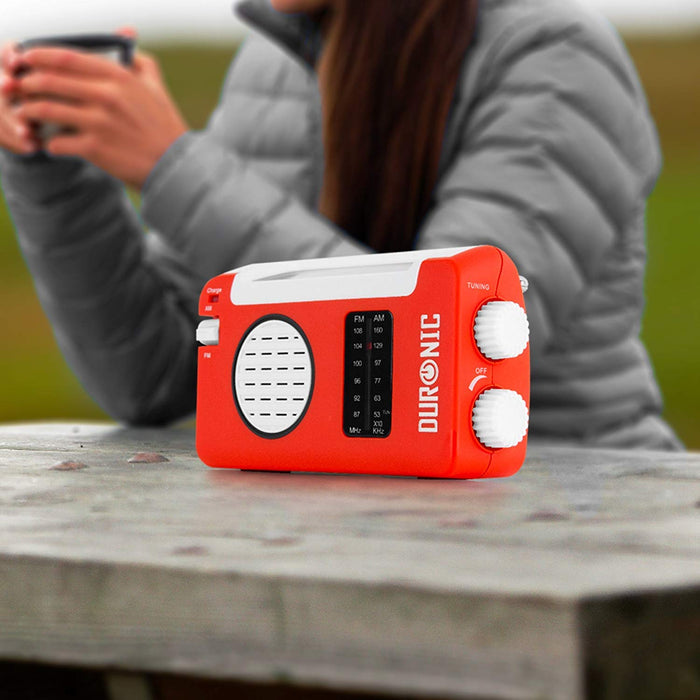 Duronic Wind Up Solar Powered Radio Hybrid, Rechargeable Portable AM FM Radio with Three Charging Methods, Battery Free, Solar Panels, Adjustable Antenna for Camping, Hiking and Emergencies