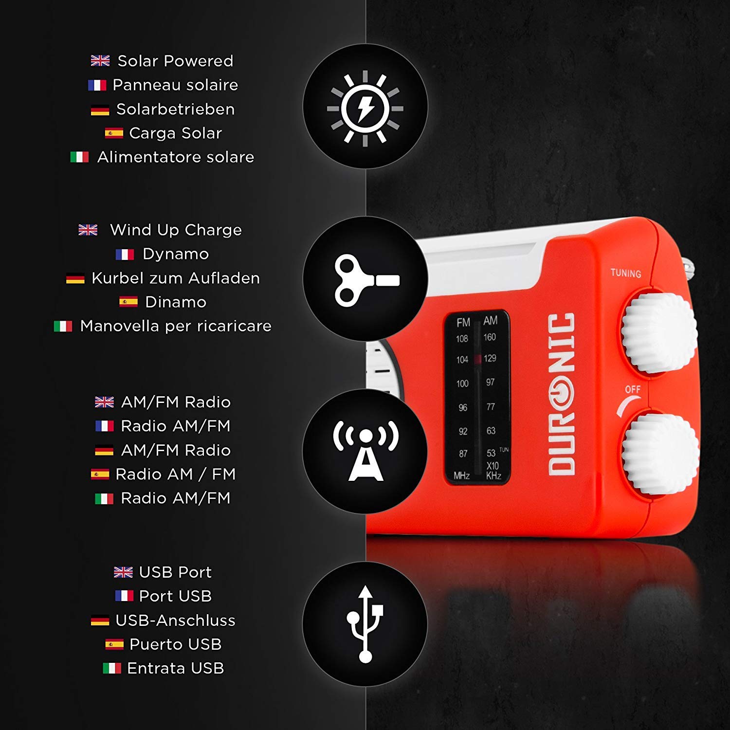 Duronic Wind Up Solar Powered Radio Hybrid, Rechargeable Portable AM FM Radio with Three Charging Methods, Battery Free, Solar Panels, Adjustable Antenna for Camping, Hiking and Emergencies