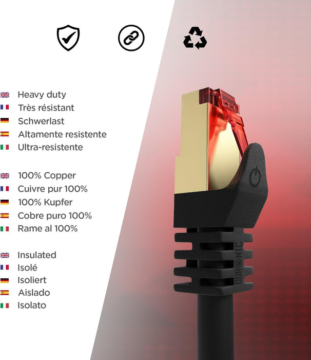 Duronic Ethernet Cable Black 200m CAT6a Network Lan Patch Lead RJ45 Internet Wire, FTP Shielded Lead, Super Fast High Speed Bandwidth