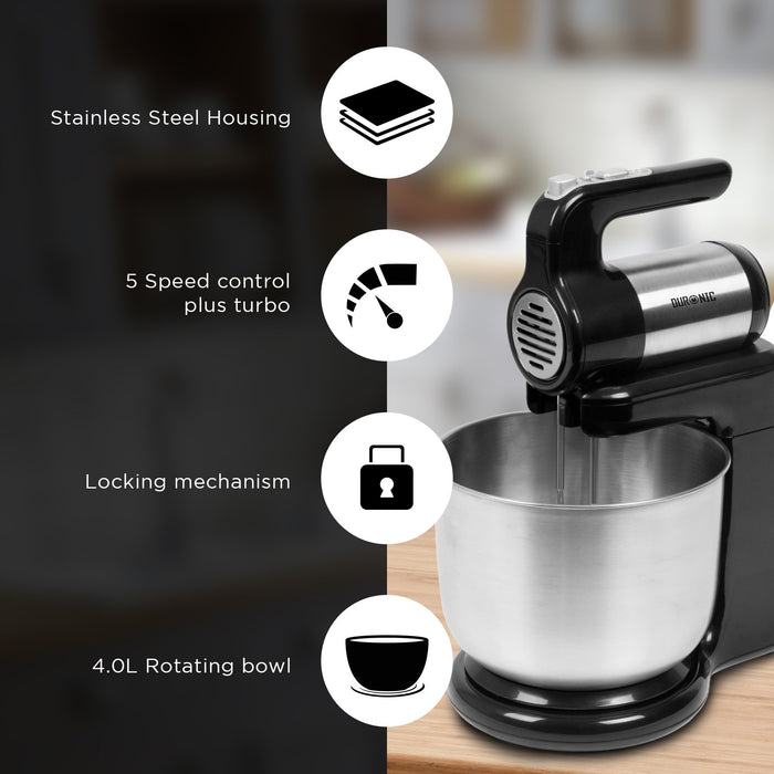 Duronic Stand & Hand Mixer SM3, Mixer for Baking, 300W Hand Held Mixer Stand with 5 Accessories, Free Standing Food Mixer for Bread, Cakes & Doughs