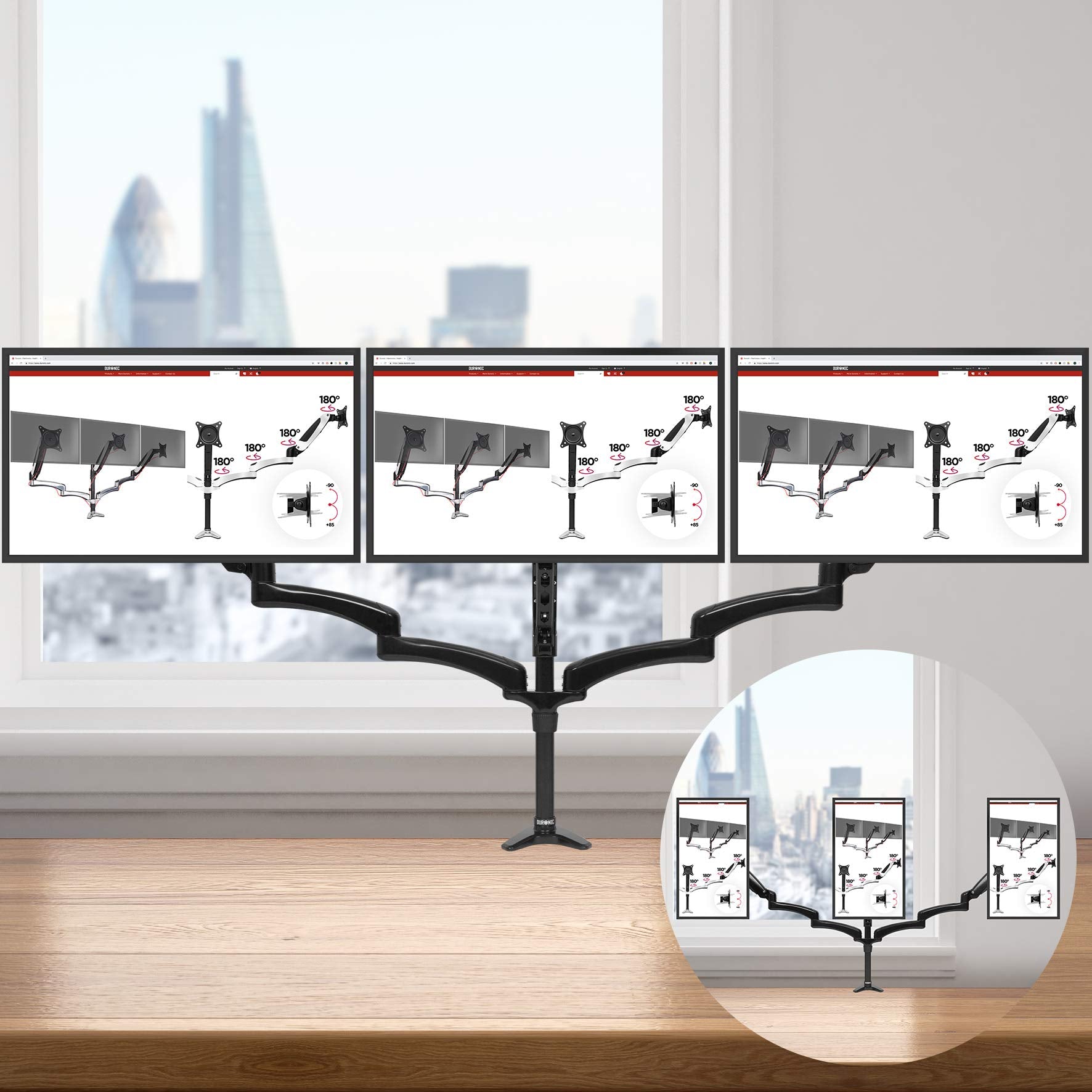 Duronic Monitor Arm Stand DM553 | Triple PC Desk Mount | BLACK | Aluminium | Height Adjustable | For Three 15-27 LED LCD Screen | VESA 75/100 | 5kg Capacity | Tilt -90°/+85°,Swivel 180°,Rotate 360°