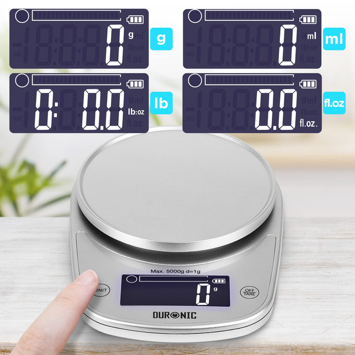 Duronic Digital Kitchen Scale KS5000 SR/SS Kitchen Scales with Bowl, Weighing Scale, Baking Scale for Cooking Baking Pet Food Postal, Food Scale Weight Scale, Electronic Scale with Backlit LCD Display