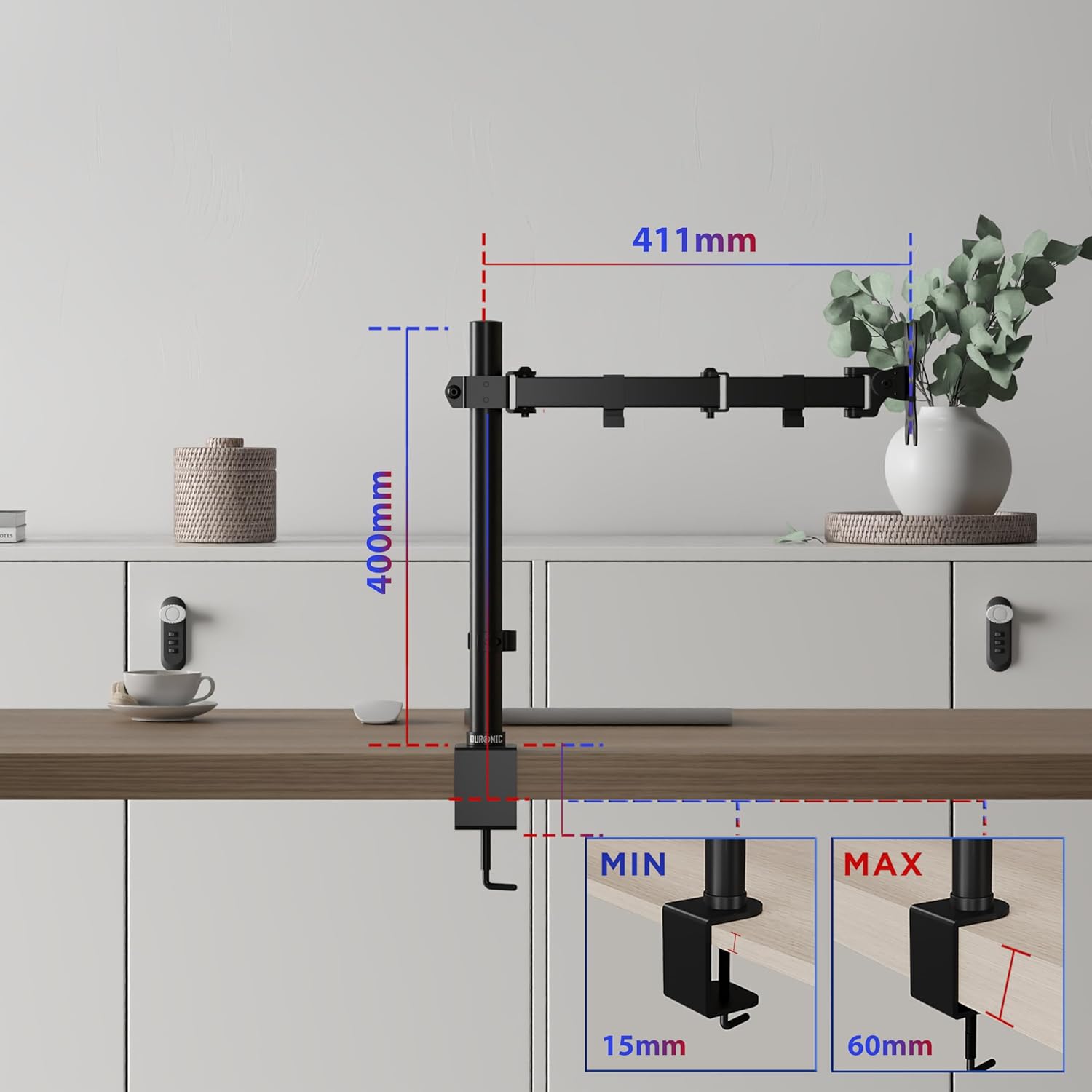 Duronic Single Monitor Arm DM151X3 Height Adjustable Monitor Stand Riser Clamp for 13”-32” PC screens Monitor Desk Mounts with VESA 75/100 Monitor Mount with 8kg capacity Monitor Stand for Desk Gaming