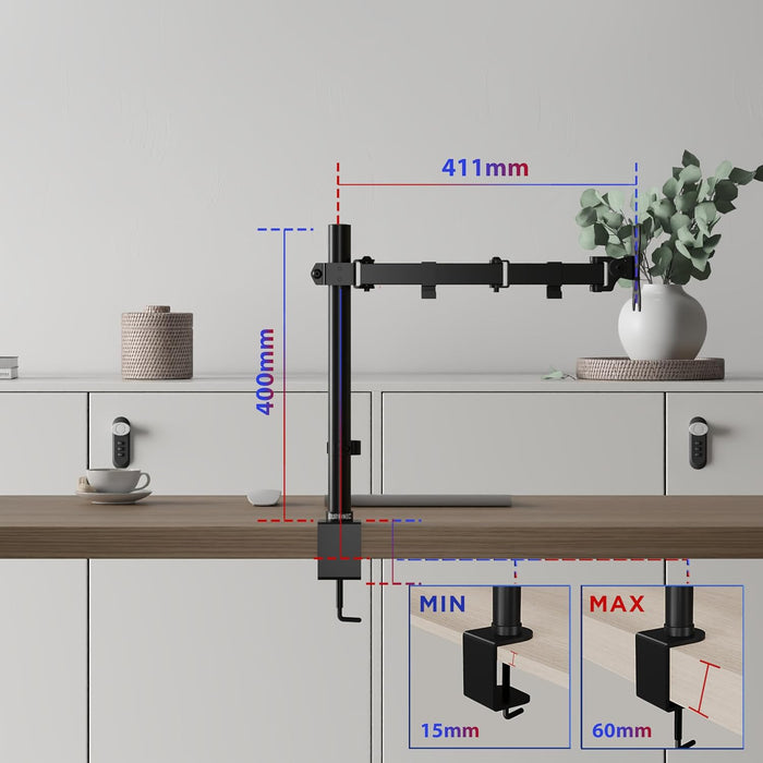 Duronic Single Monitor Arm DM151X3 Height Adjustable Monitor Stand Riser Clamp for 13”-32” PC screens Monitor Desk Mounts with VESA 75/100 Monitor Mount with 8kg capacity Monitor Stand for Desk Gaming