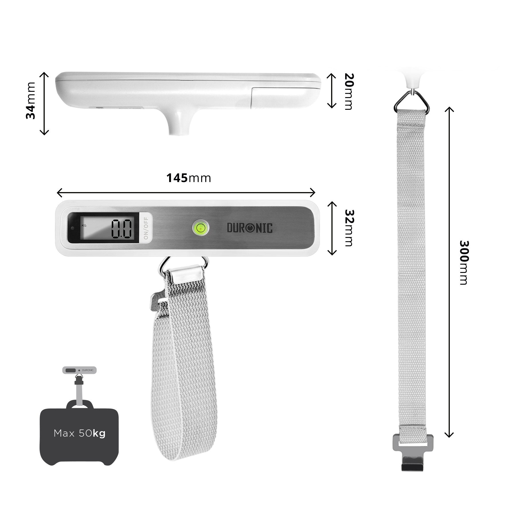 Duronic Luggage Scale LS1018 Digital 50KG Capacity for | Bag | Suitcase | Travel | Digital | Scales Weights with straps and batteries for Travel | Outdoor | Home