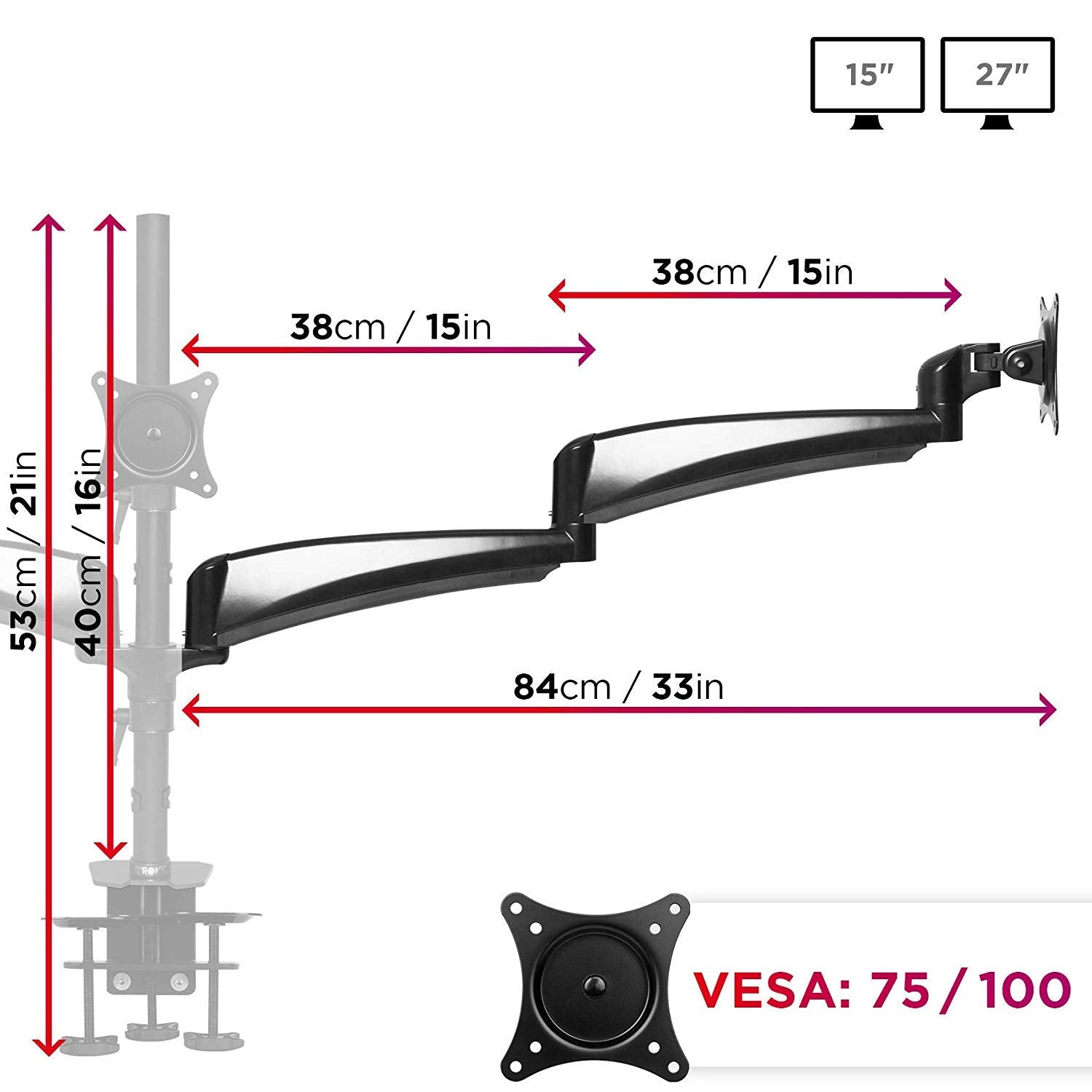 Duronic Monitor Arm Stand DM453 Triple PC Desk Mount Solid Steel Height Adjustable For Three 15-27 LED LCD Screens VESA 75/100 - 10kg Per Screen  Tilt -90°/-45°, Rotate 360°