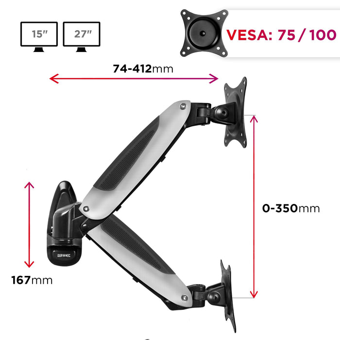 Duronic Monitor Arm Wall Mount DM65W1X1 | Bracket for Single PC Computer Screen | Aluminium | For One 15”-27” LED LCD TV Television | VESA 75/100 Fixing | Tilt +85°/-90°, Swivel 180°, Rotate 360°