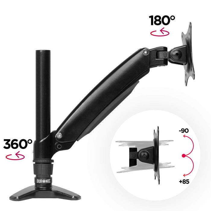 Duronic Monitor Arm Stand DM551X1 | Single PC Desk Mount | BLACK | Aluminium | Height Adjustable | For One 15-27 LED LCD Screen | VESA 75/100 | 7.8kg Capacity | Tilt -90°/+85°,Swivel 180°,Rotate 360°