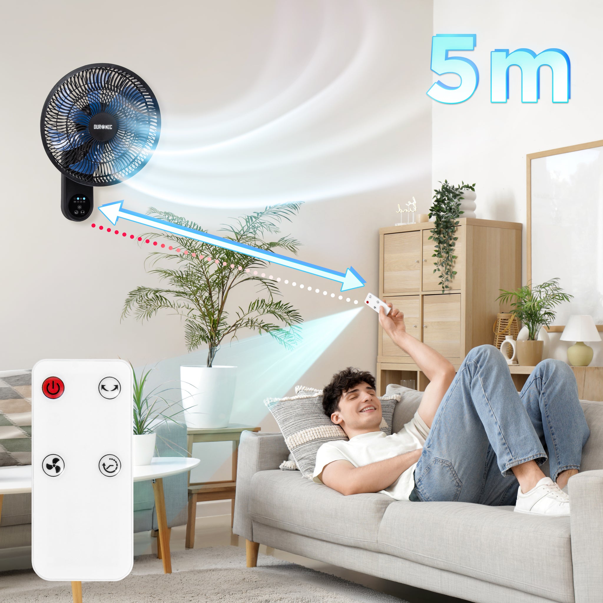 Duronic FN12 BK Wall Mounted Fan with Remote Control 50.4dB Quiet Cooling Fan with 3 Speed Settings, 60° Oscillation, 7.5H Timer for Home, Office, Bedroom & Kitchen Black