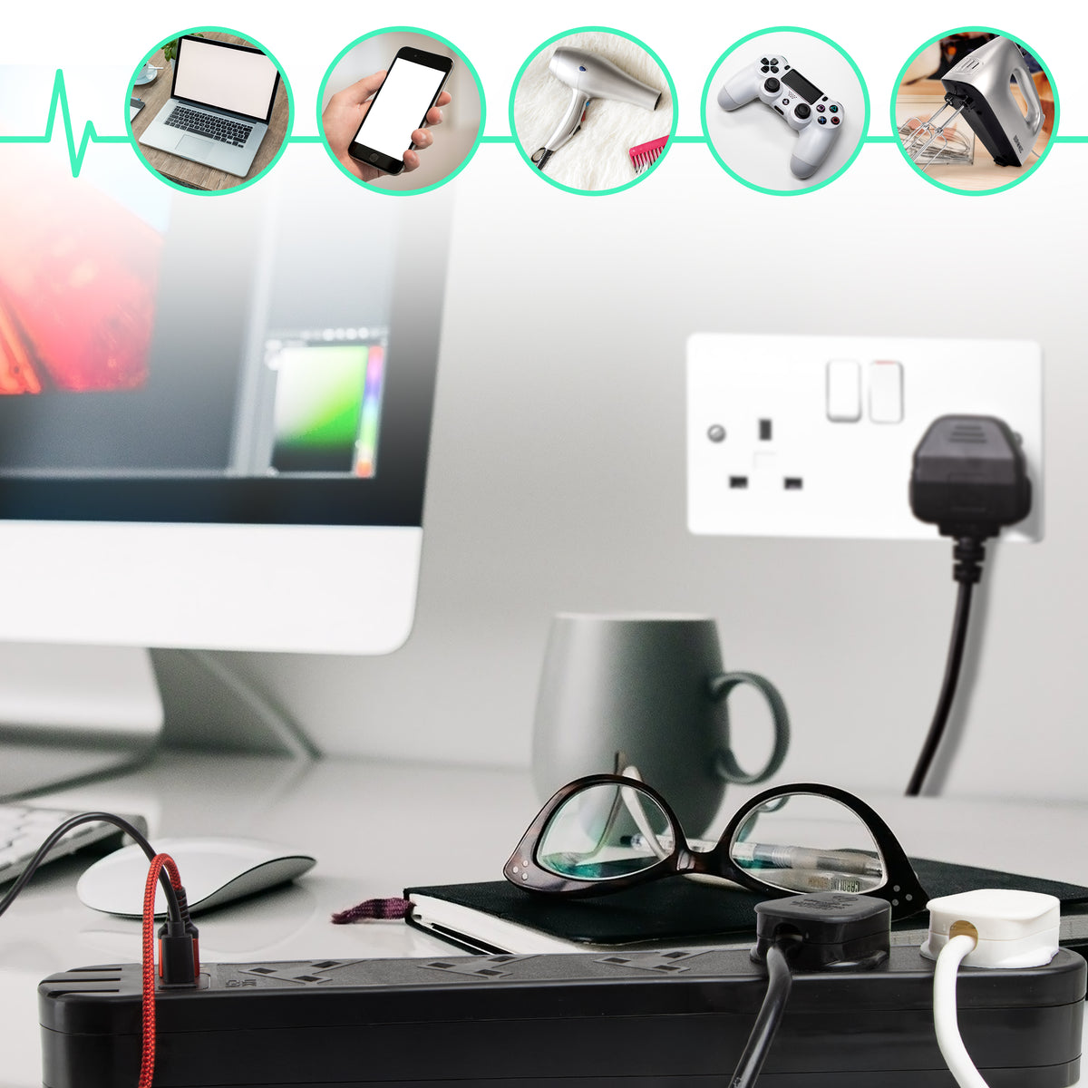 Duronic Tower Extension Lead ST10B 10 Gang Surge Protected Extension leads with USB & USB-C Slot Black 10 Way Electric Power Strip with Spike Protection Multi UK Plug Outlet Socket with 2m Cable