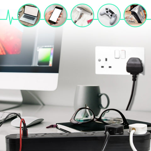 Duronic Tower Extension Lead ST10B 10 Gang Surge Protected Extension leads with USB & USB-C Slot Black 10 Way Electric Power Strip with Spike Protection Multi UK Plug Outlet Socket with 2m Cable